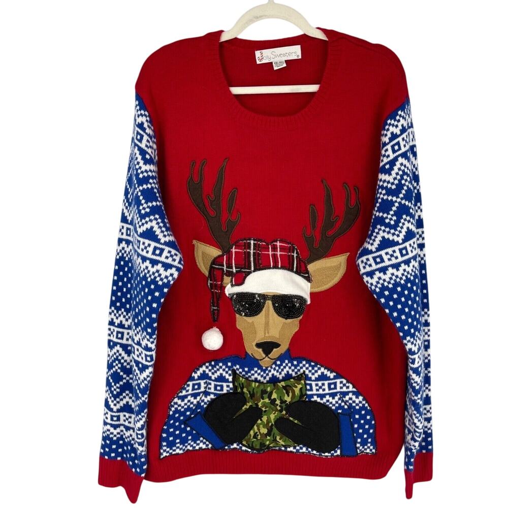 Jolly Sweaters Mens XXL Red Blue Fair Isle Reindeer Sequins Camo‎ Drink Holder
